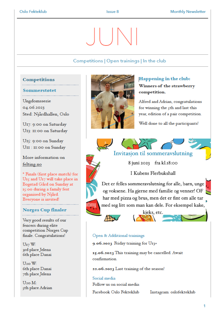 JUNI - PLAN - HUSK SOMMERAVSLUTNING TORSDAG 8. juni kl. 18- ca. 20.30